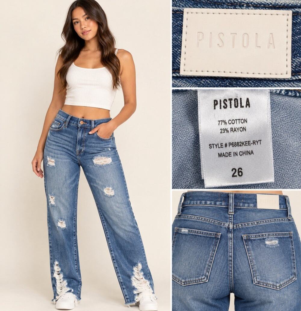 Anthropologie Pistola Straight Leg Distressed Jeans Size 26 Medium Wash Denim